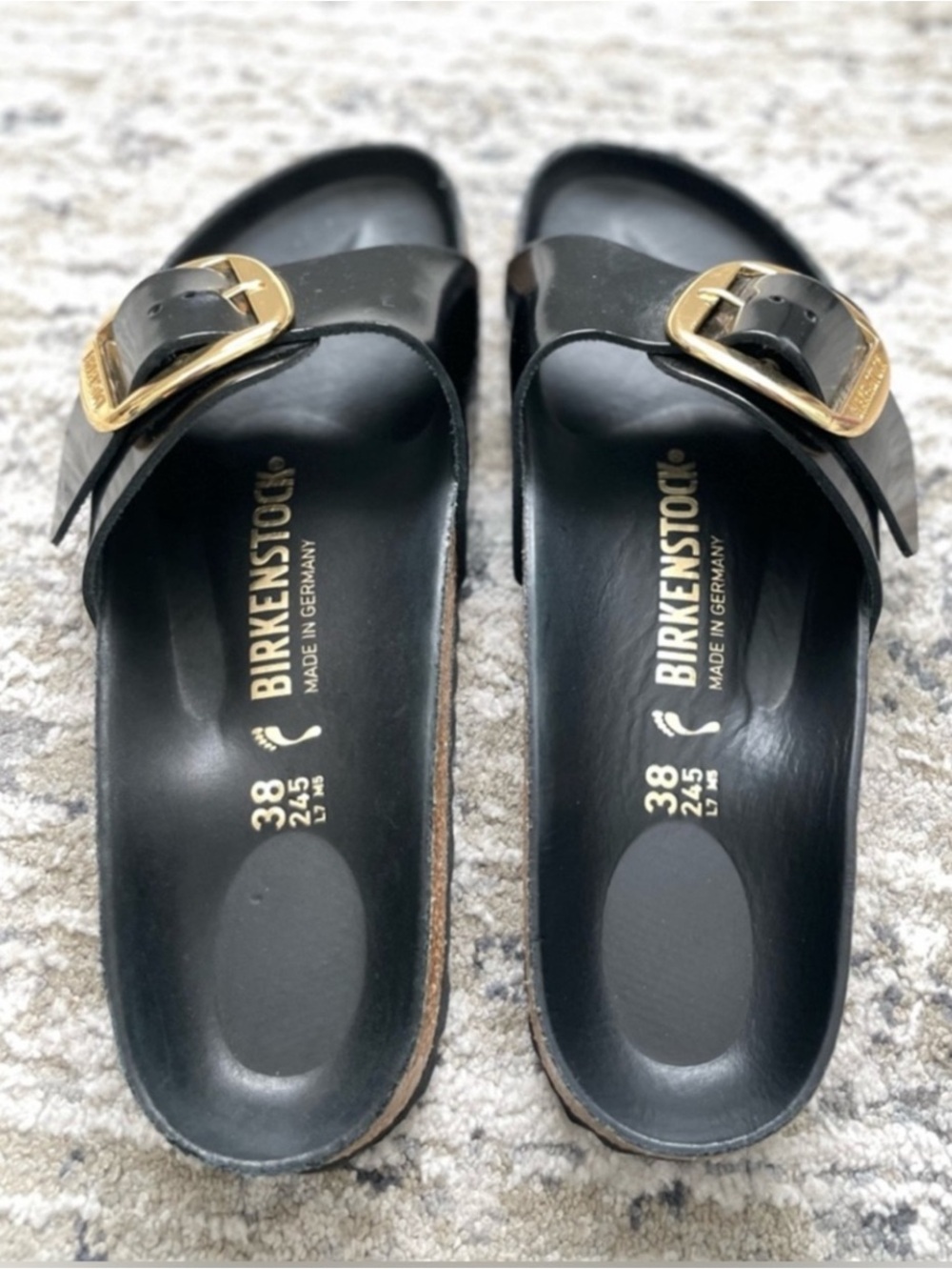 Birkenstock Madrid Big Buckle Slide High Shine Black Gold Size 7 - Picture 3 of 6